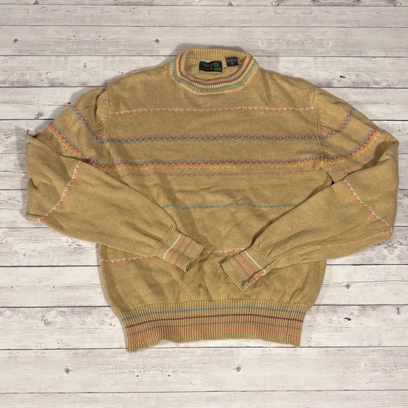 Colours by Alexander Julian Mock Neck Striped Knit Sweater Tan Vintage Large - Picture 1 of 13